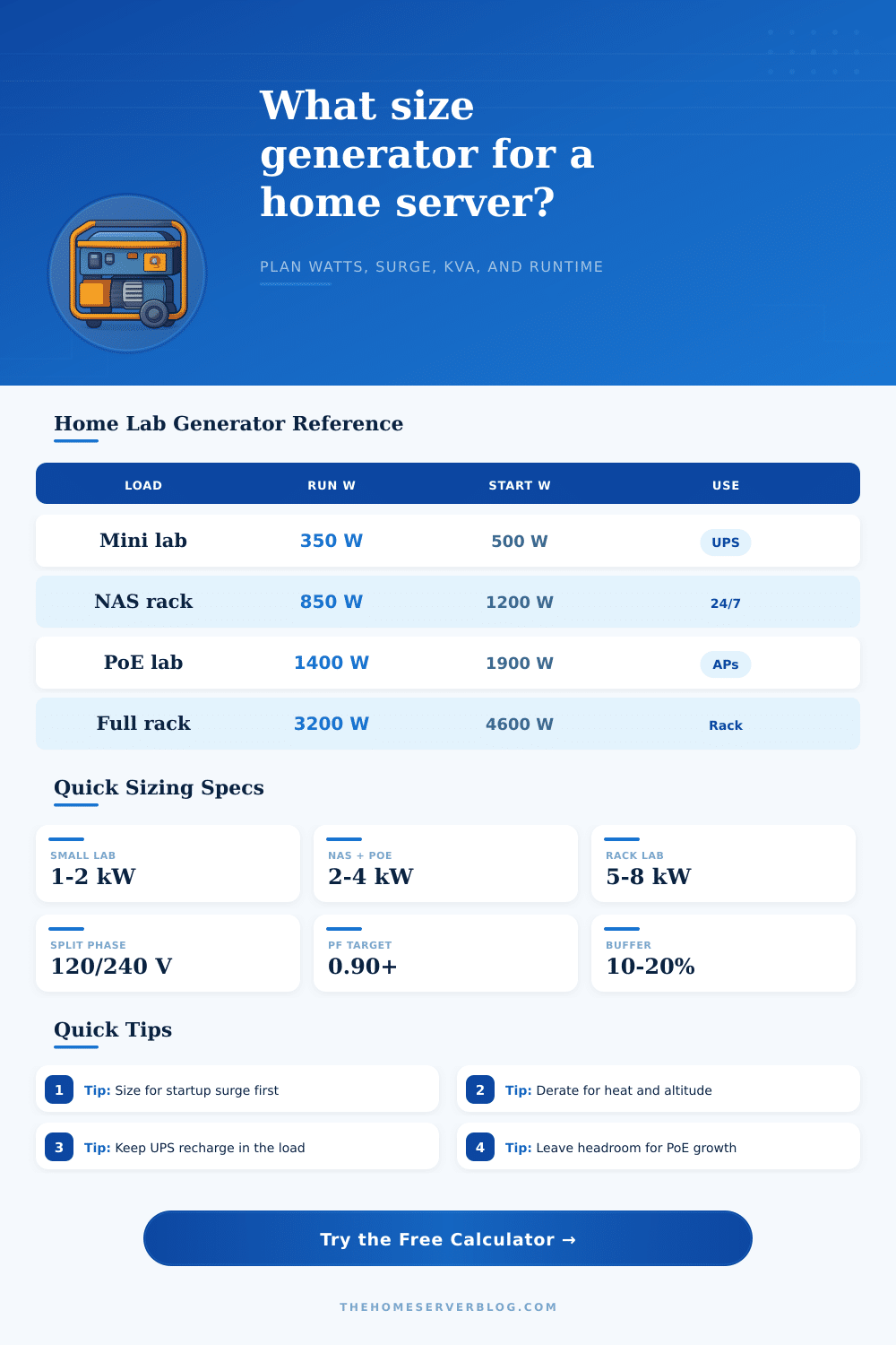 Generator Calculator Sizing for Home Servers